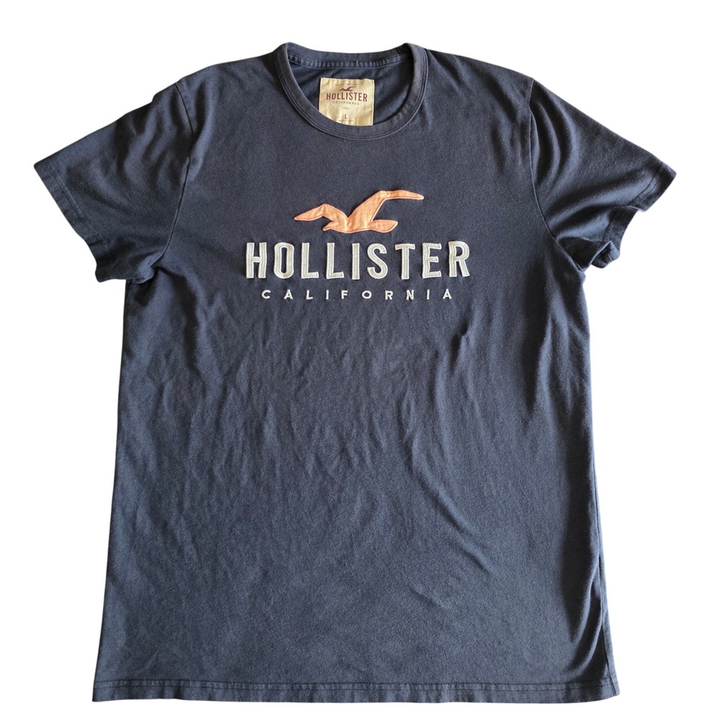 Hollister California Mens Navy Blue Graphic T-Shirt Large Embroidered Logo Tee